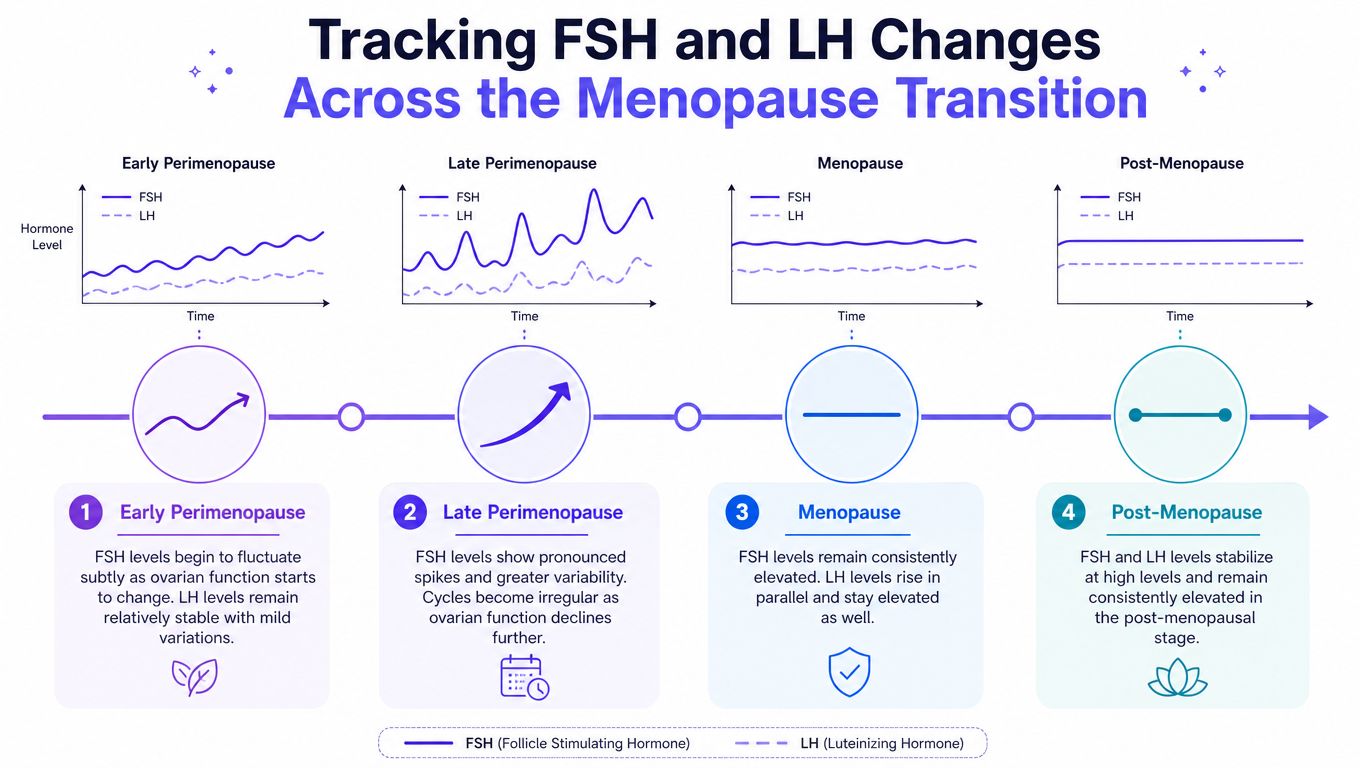 A diagram illustrating the changes in FSH and LH hormone levels throughout the stages of the menopause transition.