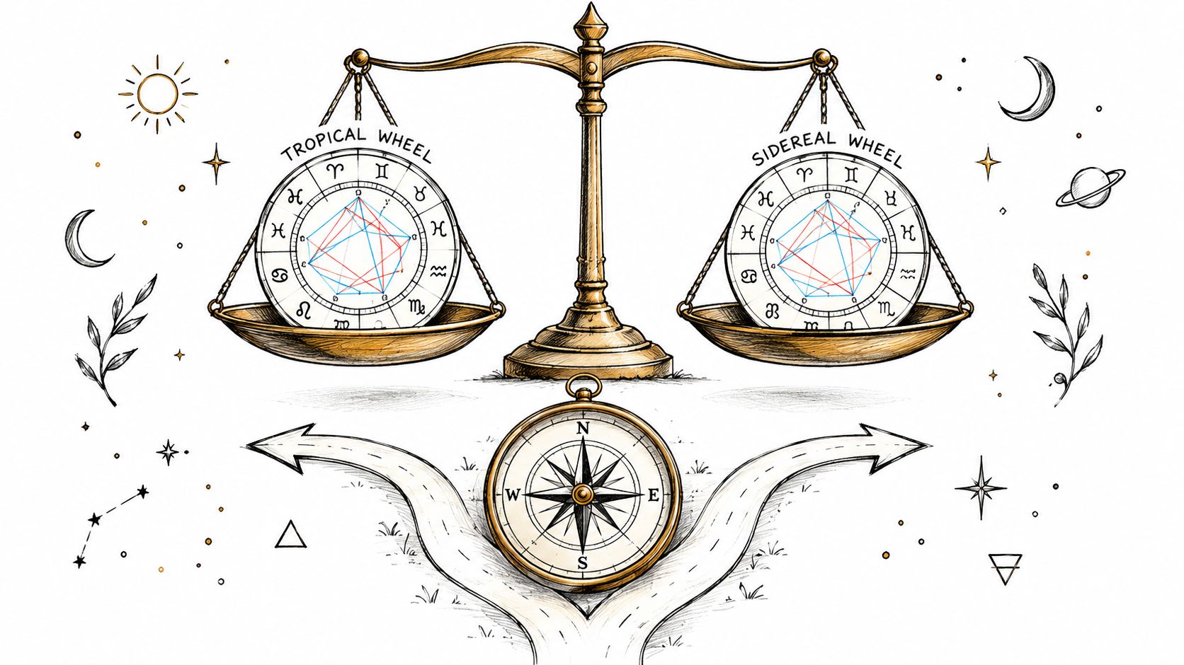 An illustration comparing tropical and sidereal astrology wheels on a balance scale with a navigational compass below.
