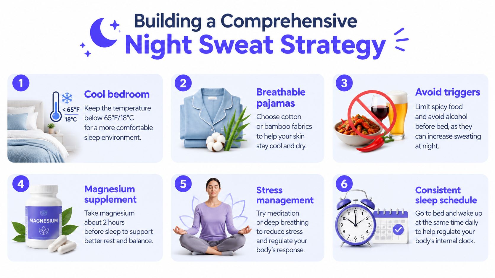 An infographic titled Building a Comprehensive Night Sweat Strategy illustrating six lifestyle tips to reduce night sweats.