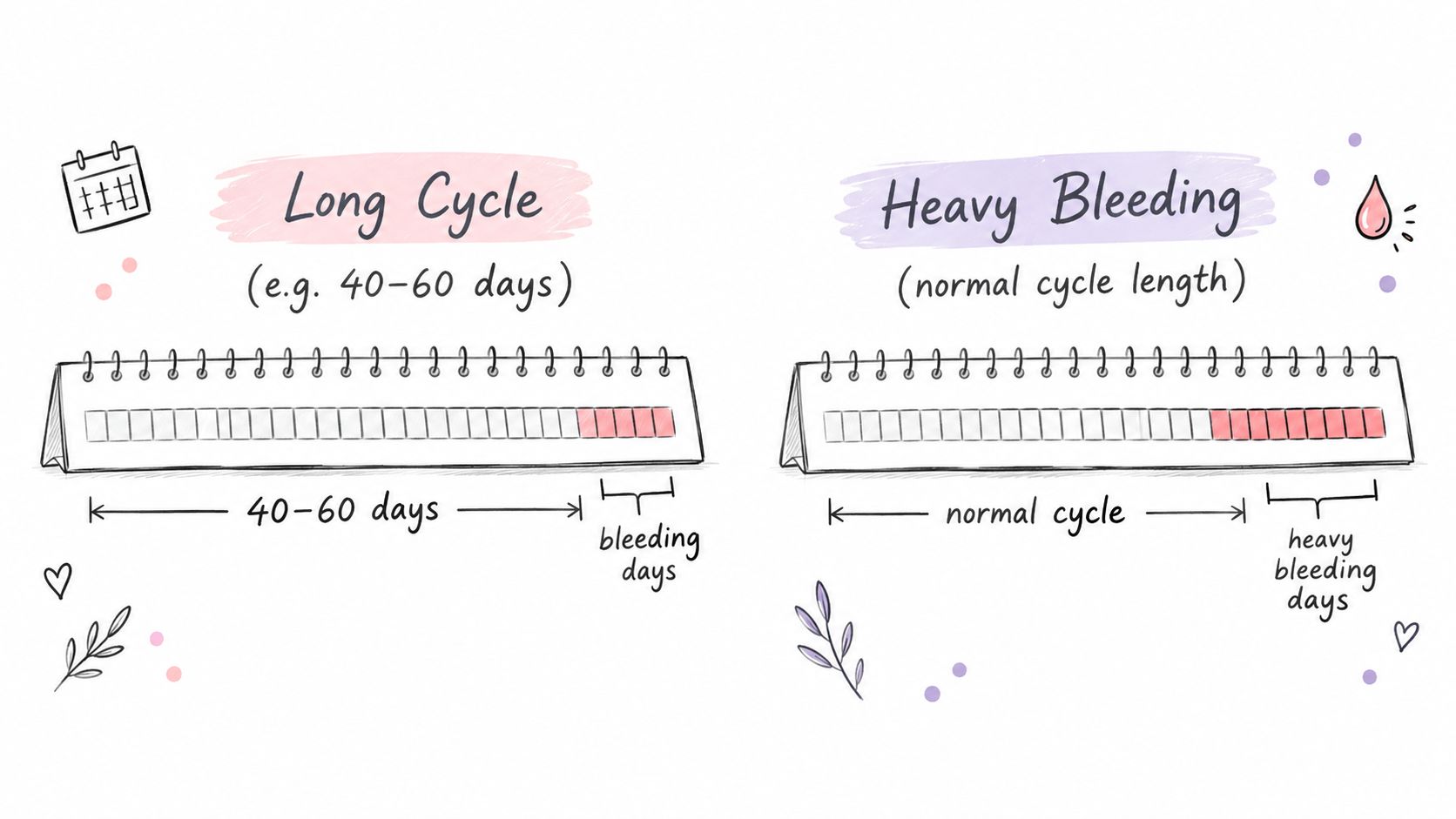A diagram comparing long menstrual cycles with heavy bleeding to a normal menstrual cycle length.