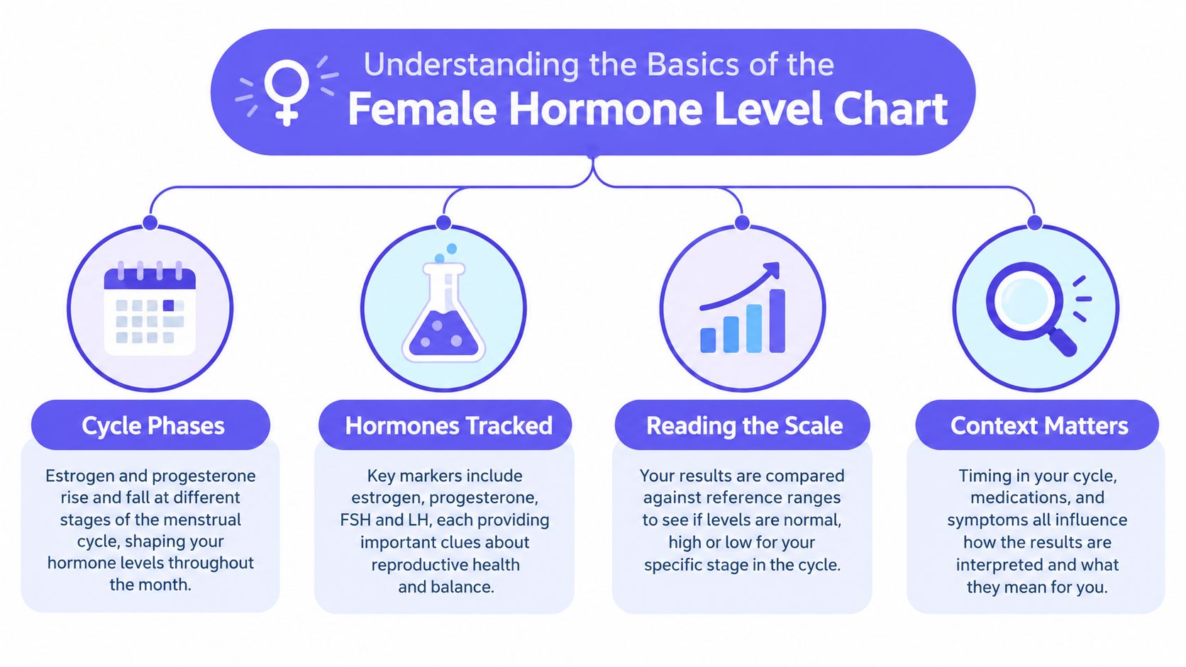 An infographic titled Understanding the Basics of the Female Hormone Level Chart explaining cycle phases, hormones, and context.