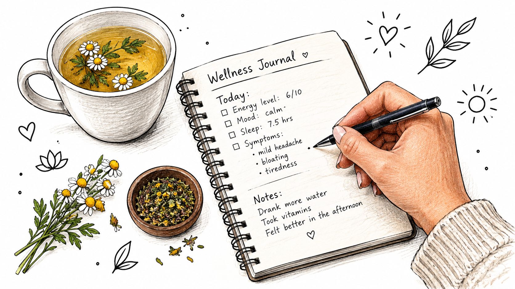 A hand writes in a wellness journal next to a cup of herbal tea and chamomile flowers.