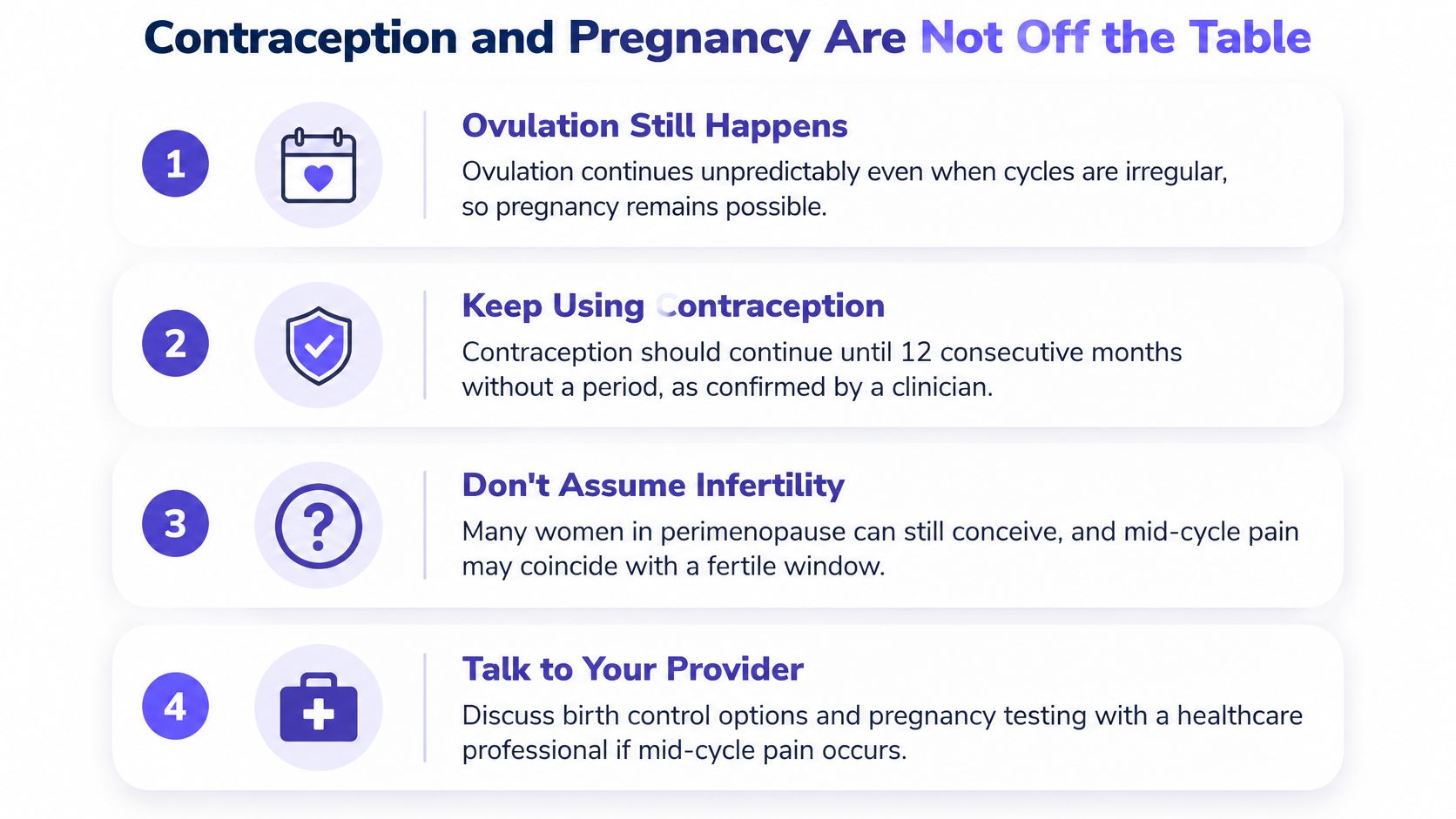 An infographic detailing four tips on why contraception and pregnancy remain important concerns during perimenopause.