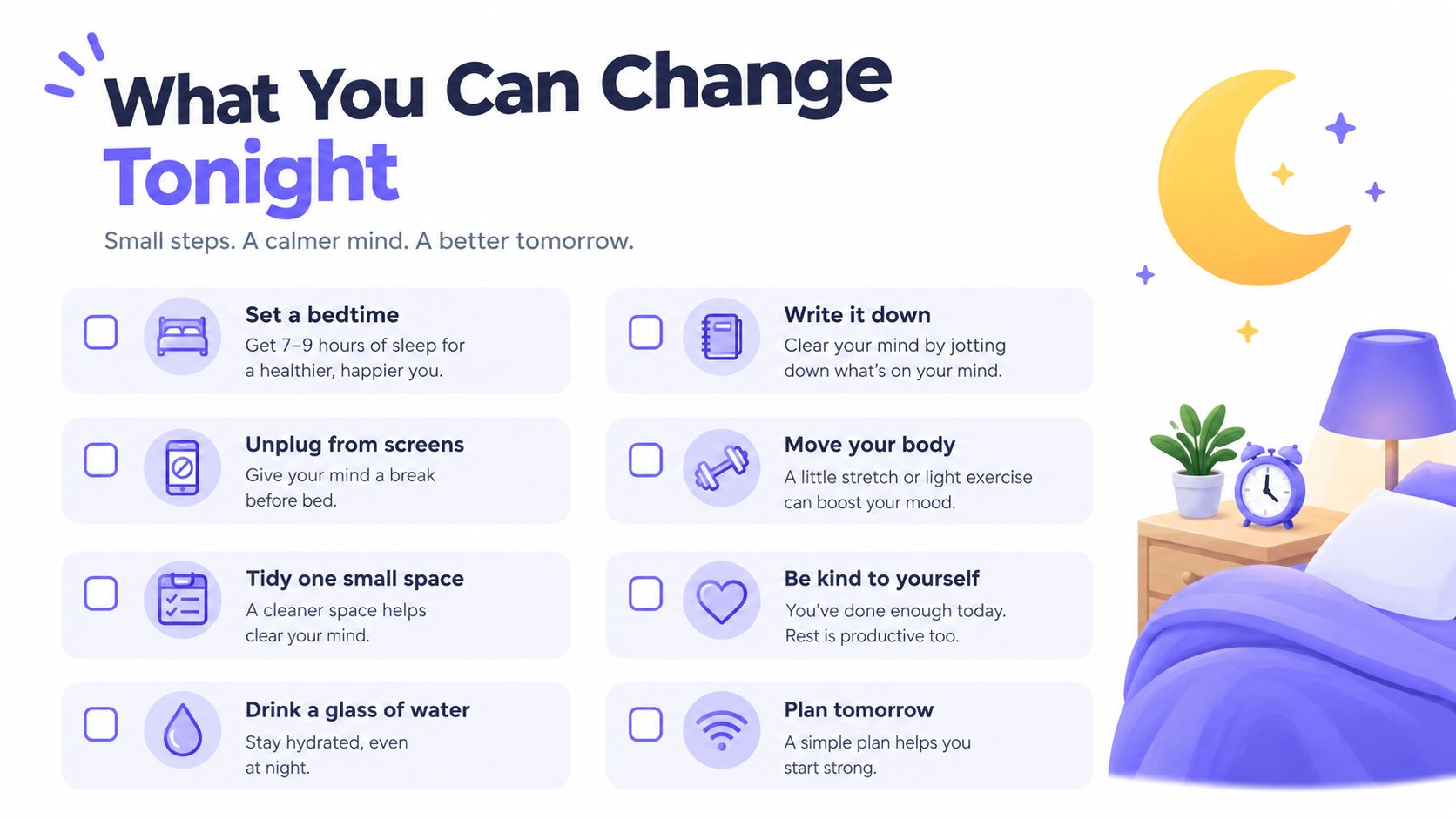 An infographic titled What You Can Change Tonight showing eight simple habits for better sleep and relaxation.