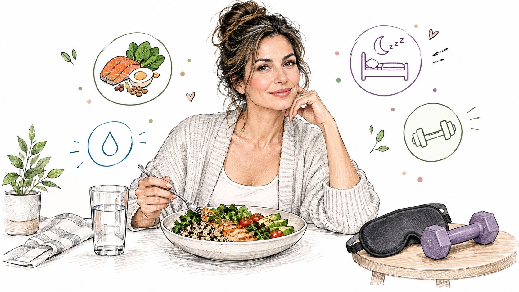 A woman eats a healthy meal while icons depicting hydration, nutrition, exercise, and sleep surround her.