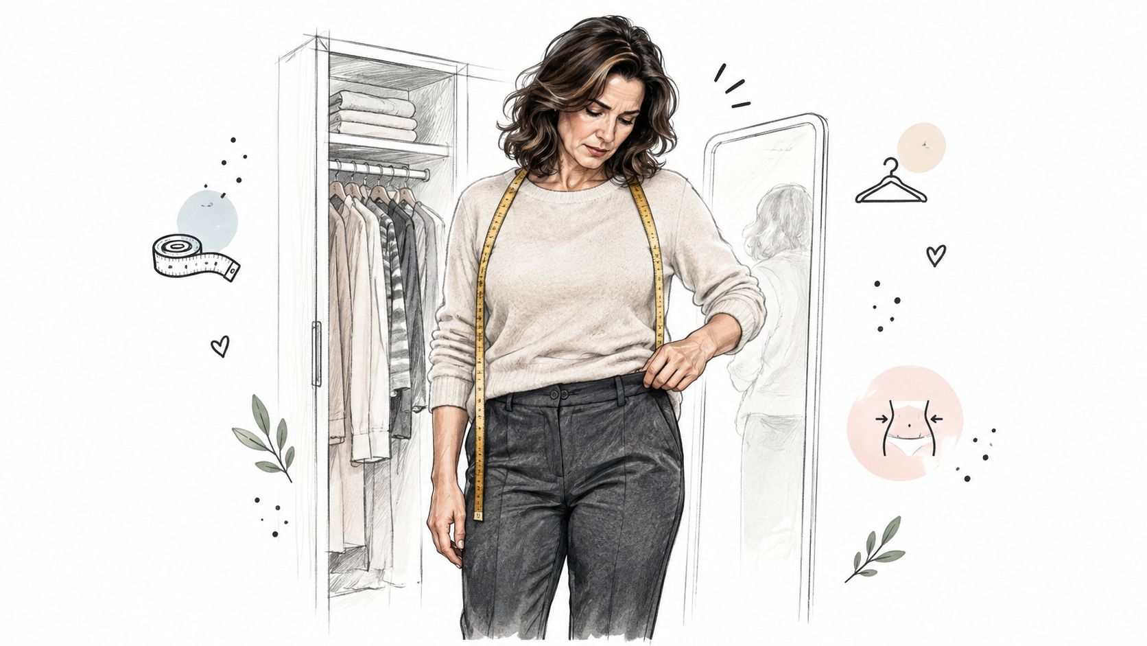 A woman checking the fit of her dark trousers with a measuring tape around her neck.