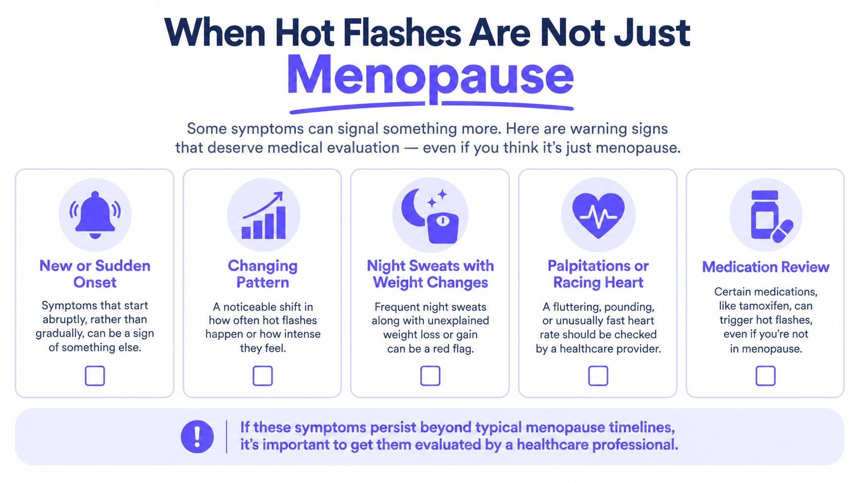 An infographic titled When Hot Flashes Are Not Just Menopause listing warning signs that require medical evaluation.
