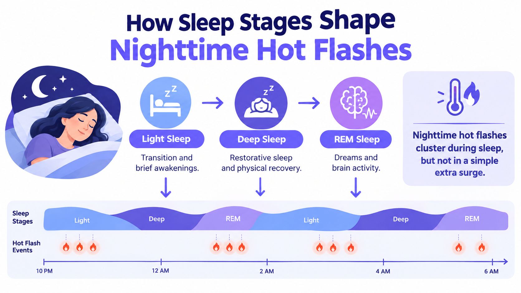 A diagram illustrating the connection between human sleep stages and the occurrence of nighttime hot flashes.