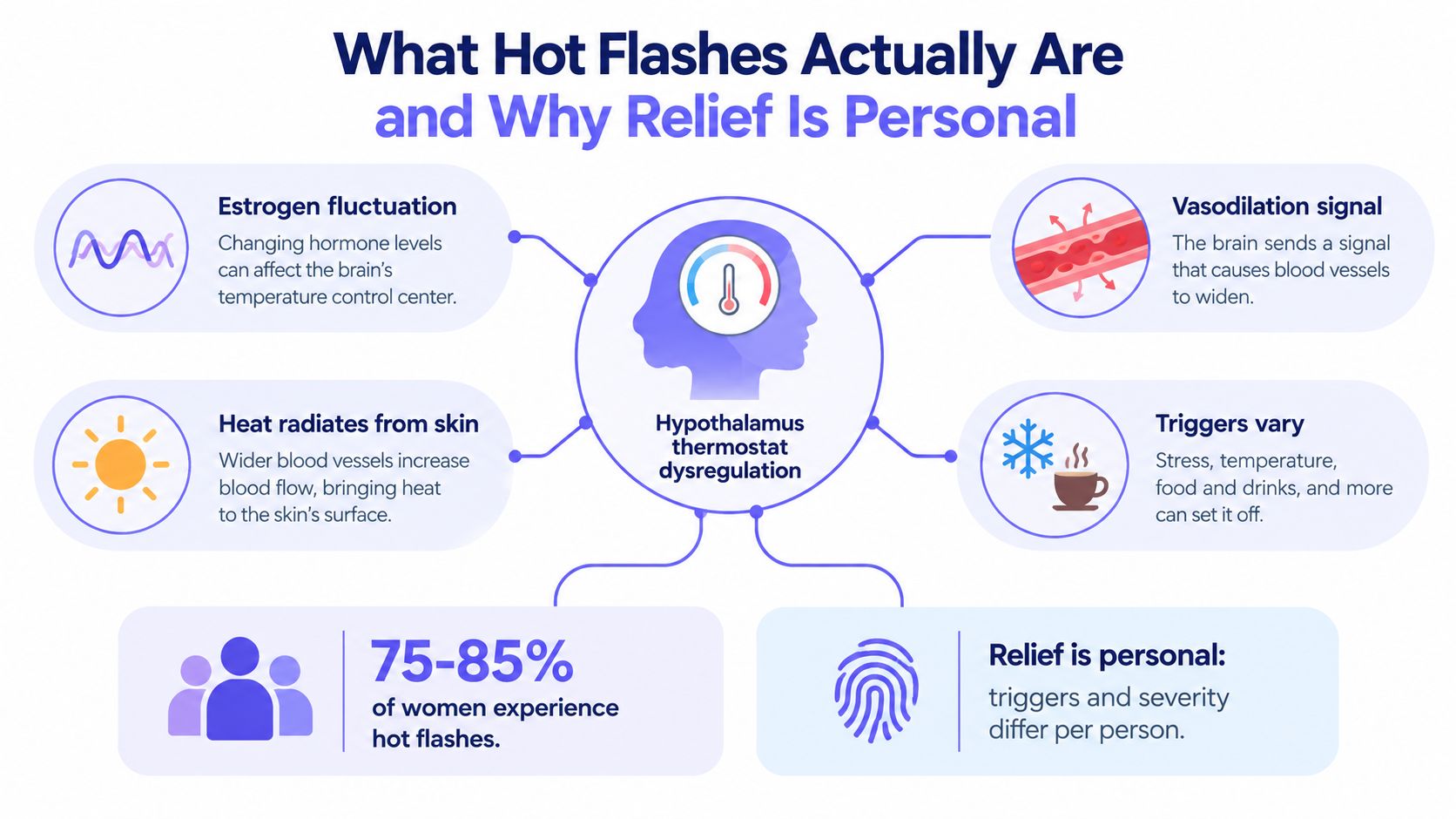 An infographic explaining how hot flashes occur due to hypothalamic dysregulation and why relief is highly personalized.
