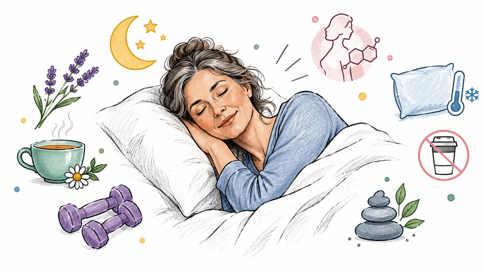 A woman sleeping peacefully surrounded by icons representing lifestyle tips for managing perimenopause symptoms and better sleep quality.