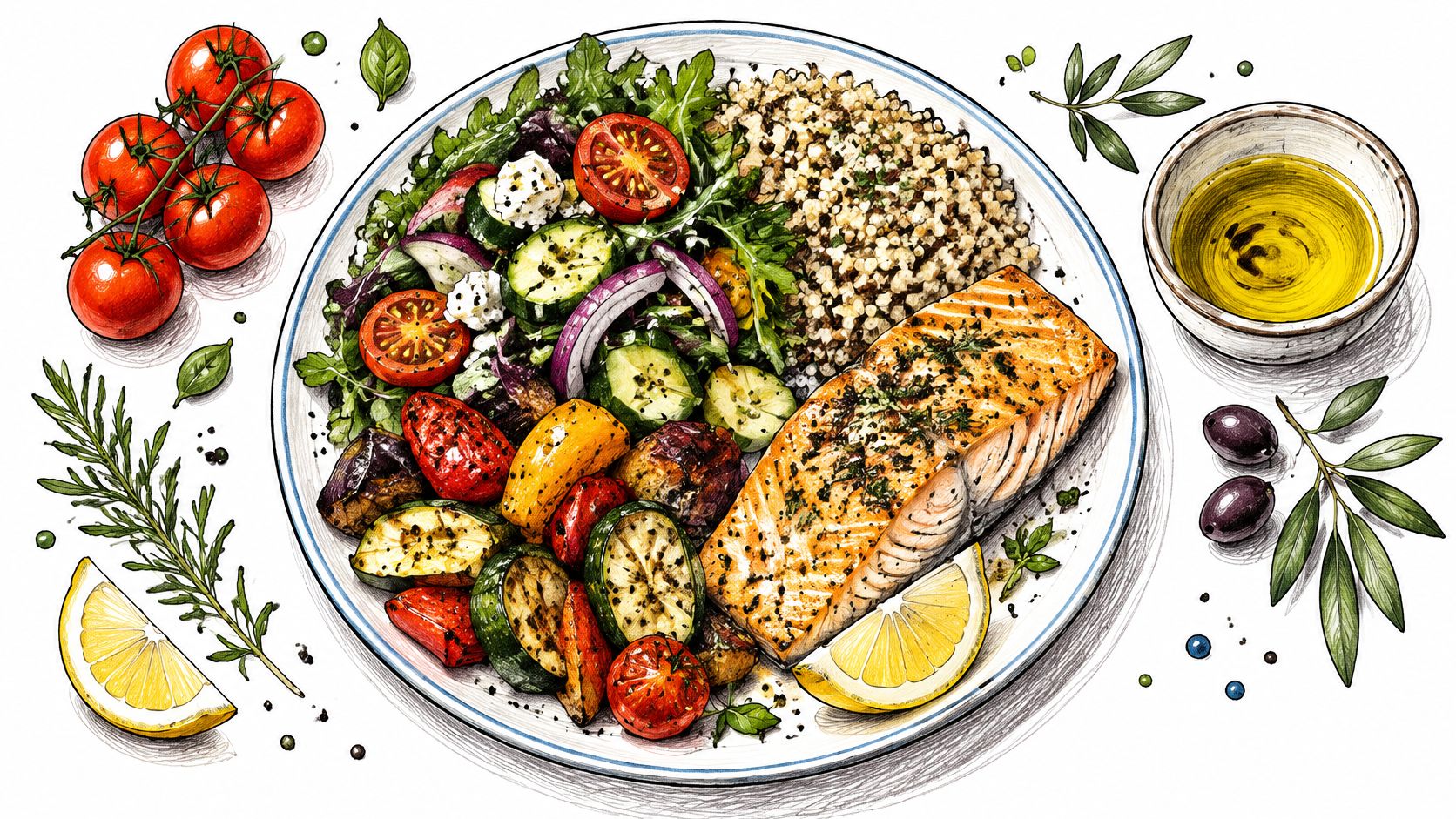A colorful, nutritious plate of grilled salmon, quinoa, and roasted vegetables, suggesting a healthy diet for weight management.