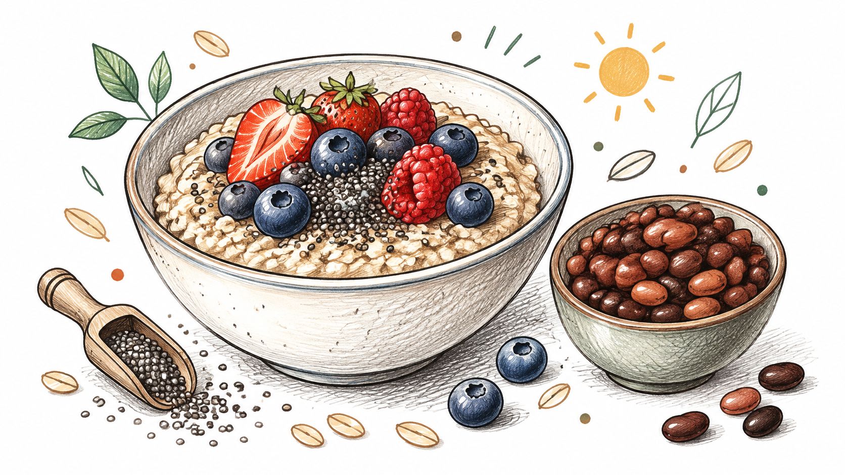 A hand-drawn illustration of a healthy breakfast bowl with oatmeal, berries, and chia seeds for weight management.