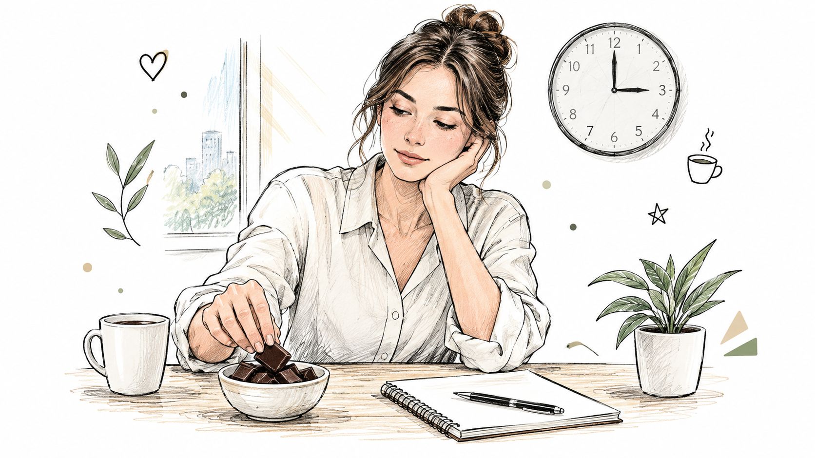 A woman sitting at a wooden desk with a notebook, looking thoughtfully at a bowl of chocolate.