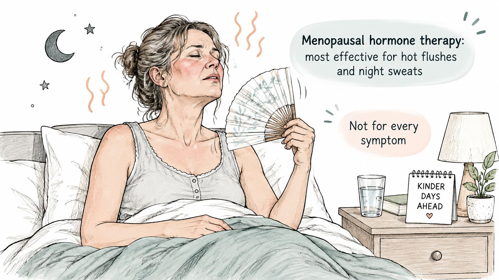 A woman in bed at night using a handheld fan to cope with menopausal hot flashes.