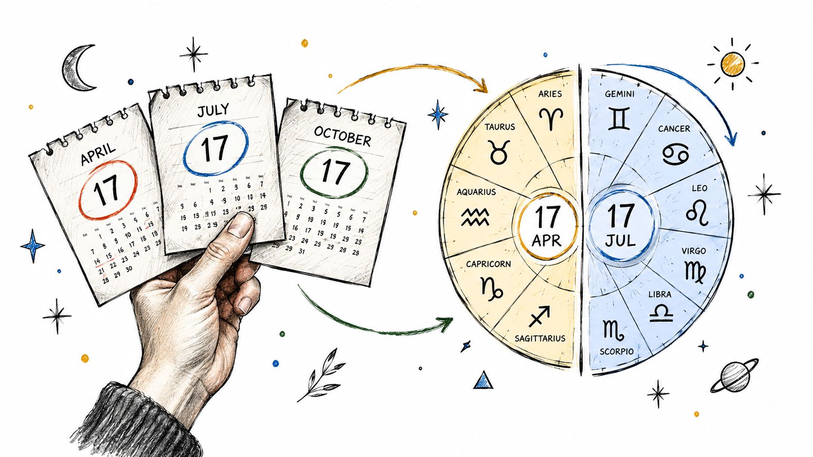 A hand holding three calendar pages showing the 17th of April, July, and October next to astrology signs.