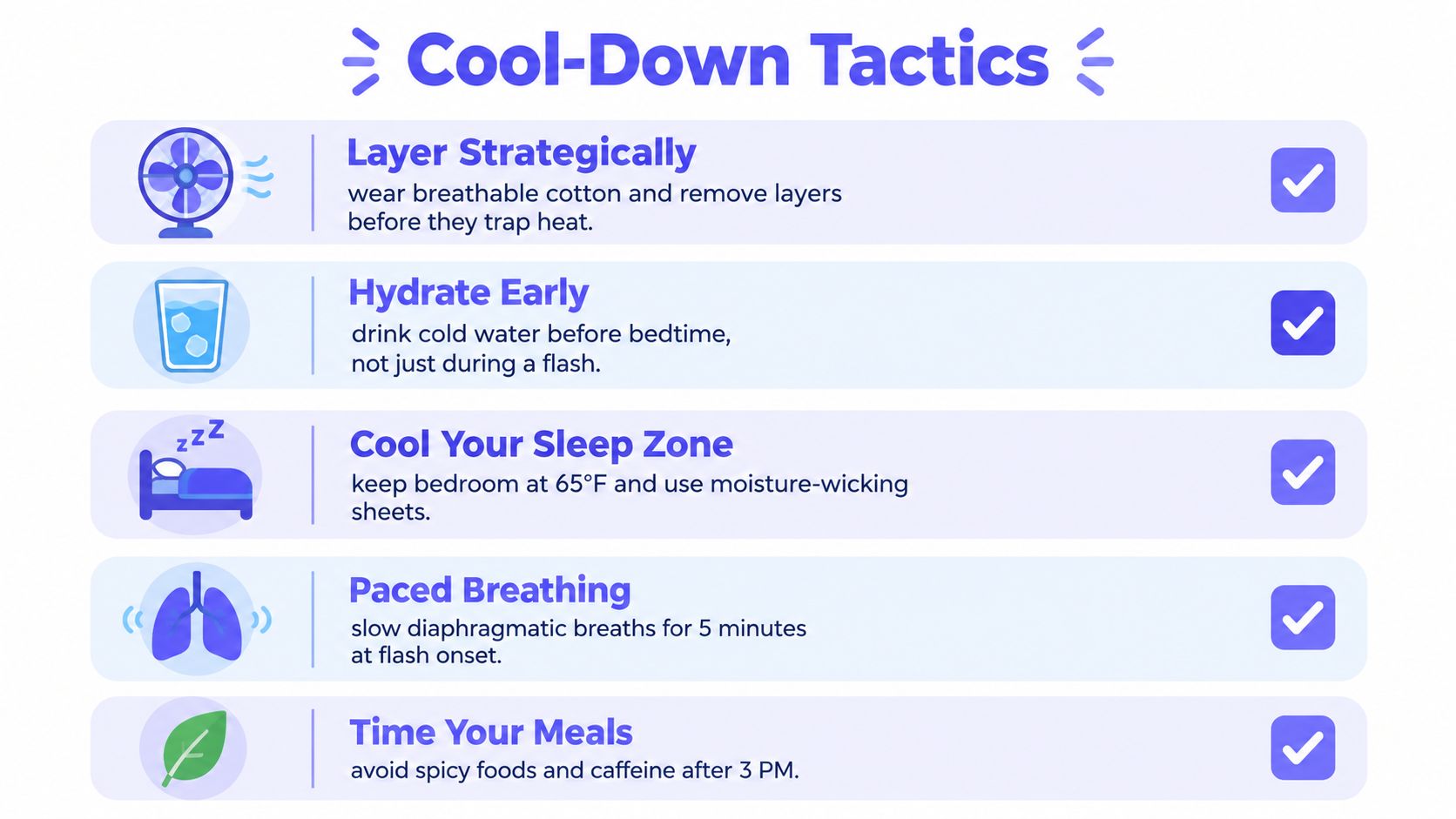 An infographic titled Cool-Down Tactics, listing tips to manage hot flashes including layering, hydration, temperature, breathing, and meals.