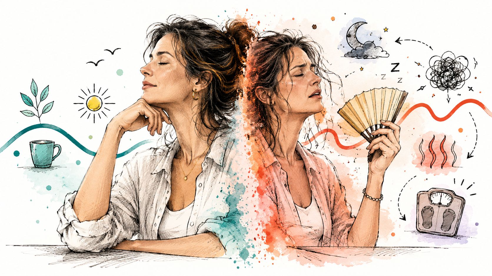 A split image illustrating the contrast between healthy, balanced well-being and the physical symptoms of menopause.