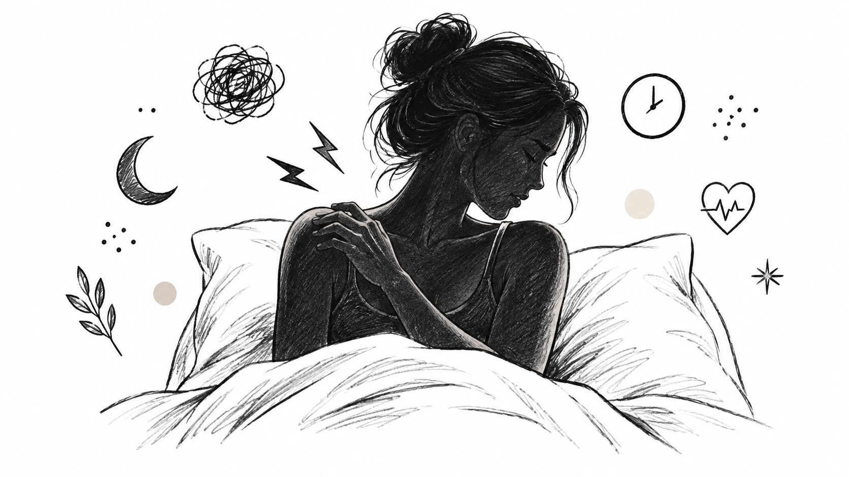 A sketched illustration of a woman in bed, symbolizing discomfort, insomnia, and physical symptoms like hot flashes.