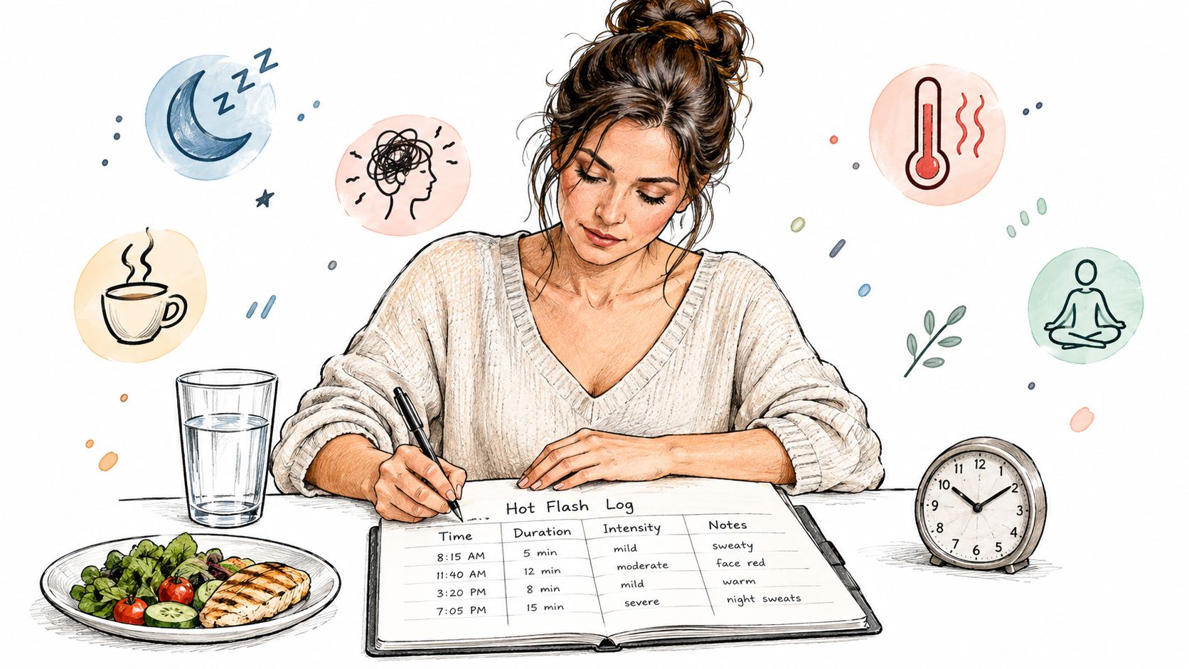 A woman tracking her hot flash experiences by writing symptoms in a daily log book journal.