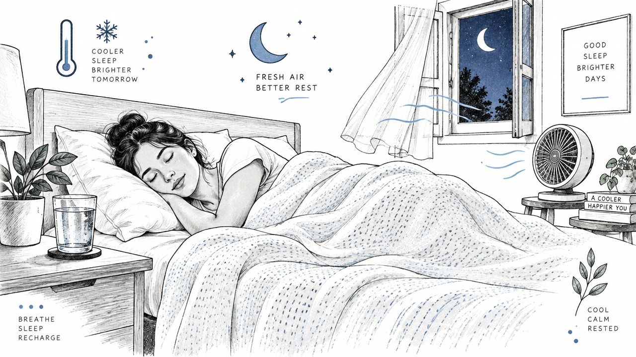 An illustration of a woman sleeping peacefully in a cool bedroom with a fan and open window.