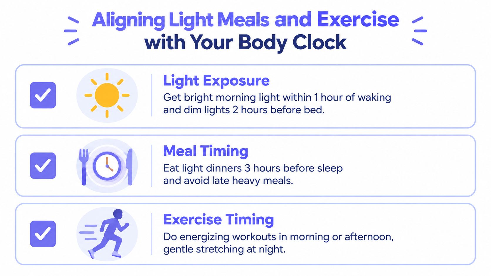 An infographic titled Aligning Light Meals and Exercise with Your Body Clock showing tips for light exposure, meal timing, and exercise.
