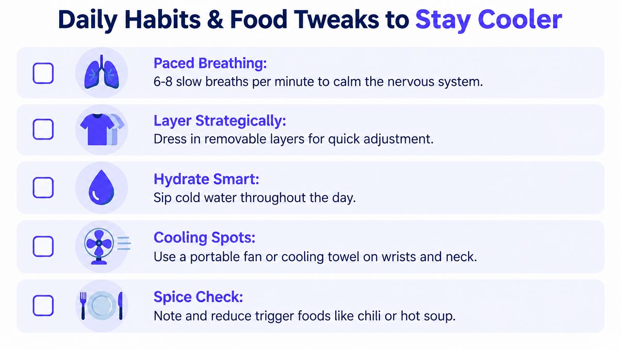 A checklist infographic titled Daily Habits and Food Tweaks to Stay Cooler with five cooling tips.
