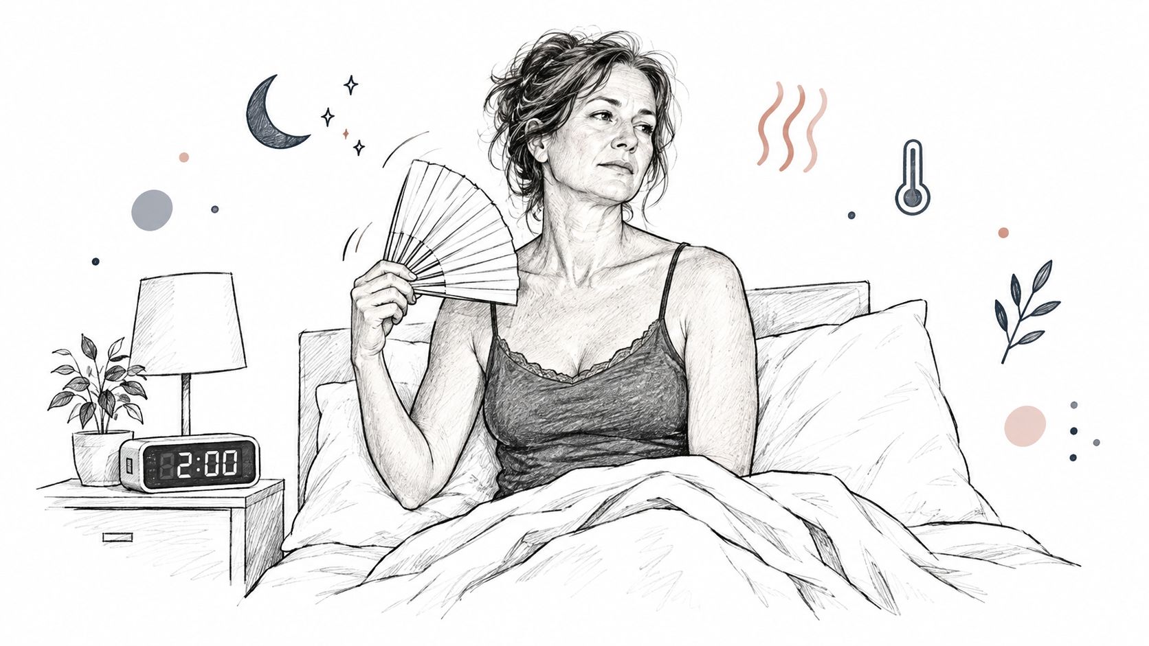 A pencil sketch of a woman sitting in bed at 2:00 AM using a hand fan, showing menopause symptoms.