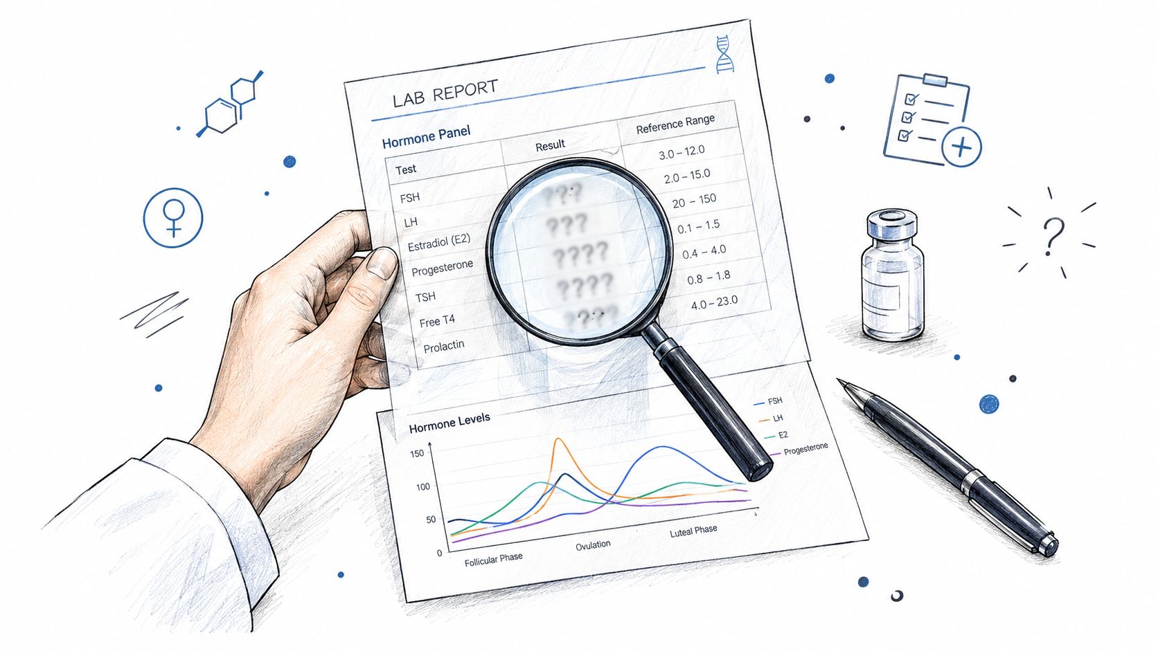 A doctor reviews a female hormone lab report with a magnifying glass over the results table.