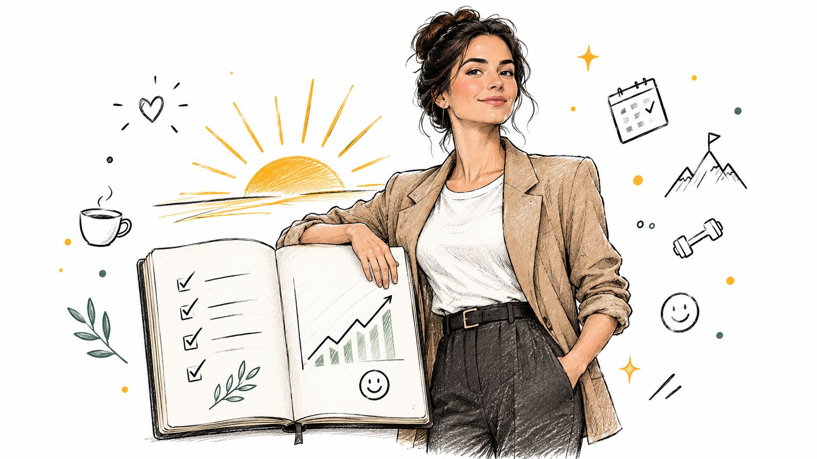 A professional woman standing next to a large open planner with growth charts and checklists.