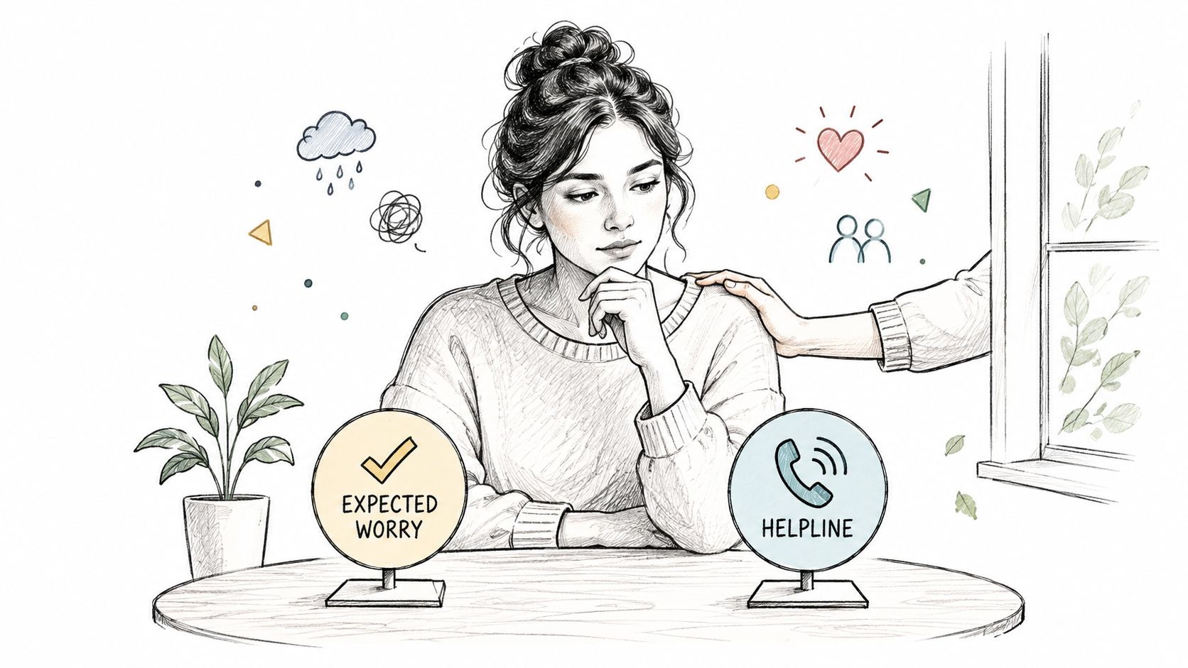 A woman experiencing perimenopause anxiety receiving support with options for expected worry or a helpline.