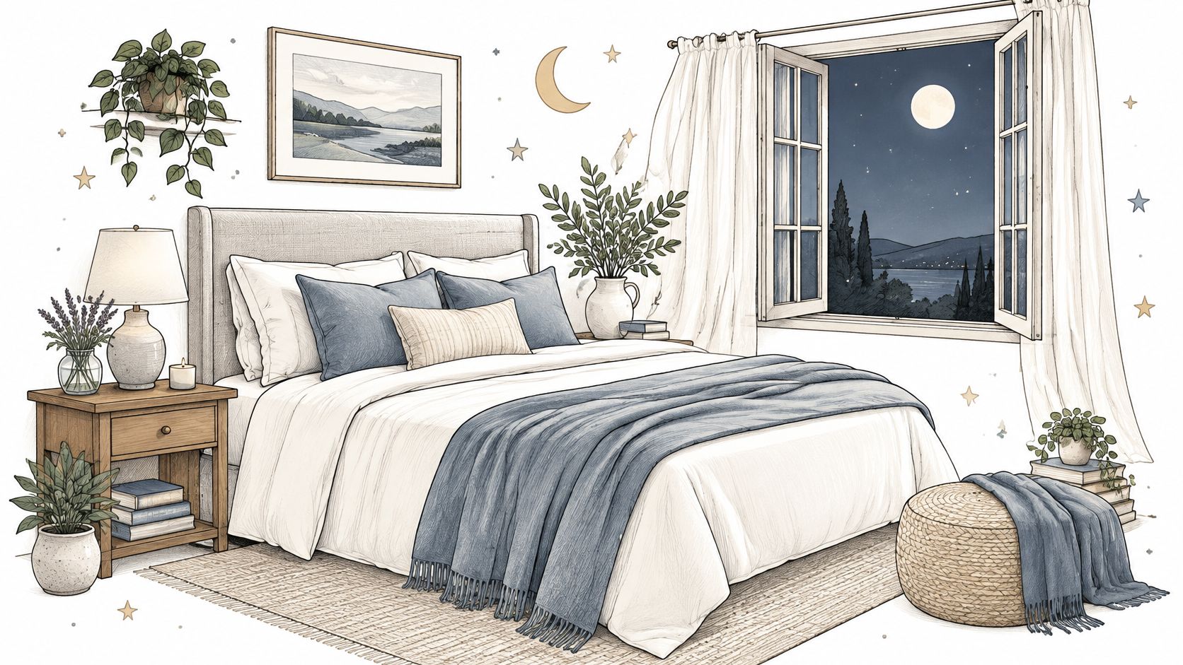 A cozy bedroom with a comfortable bed, moonlit window view, plants, and relaxing home decor elements.