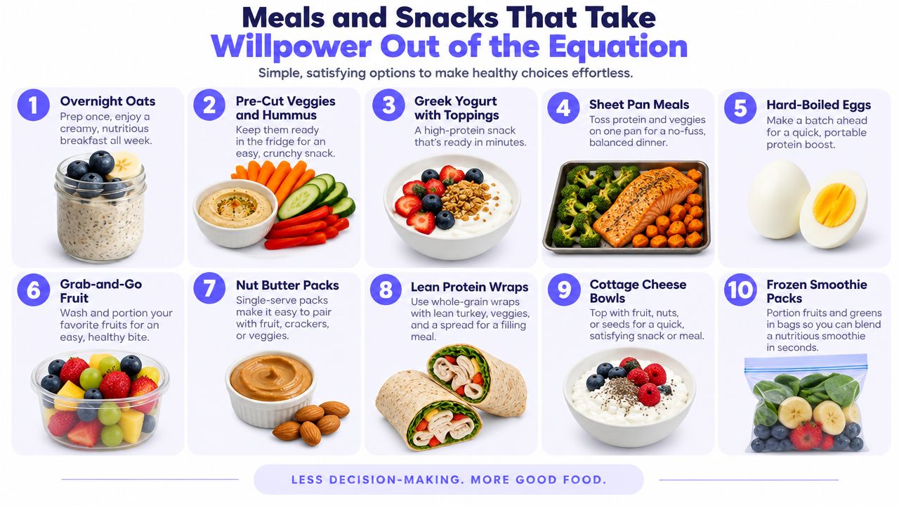 A helpful infographic listing ten simple, healthy meal and snack ideas to reduce daily decision-making fatigue.