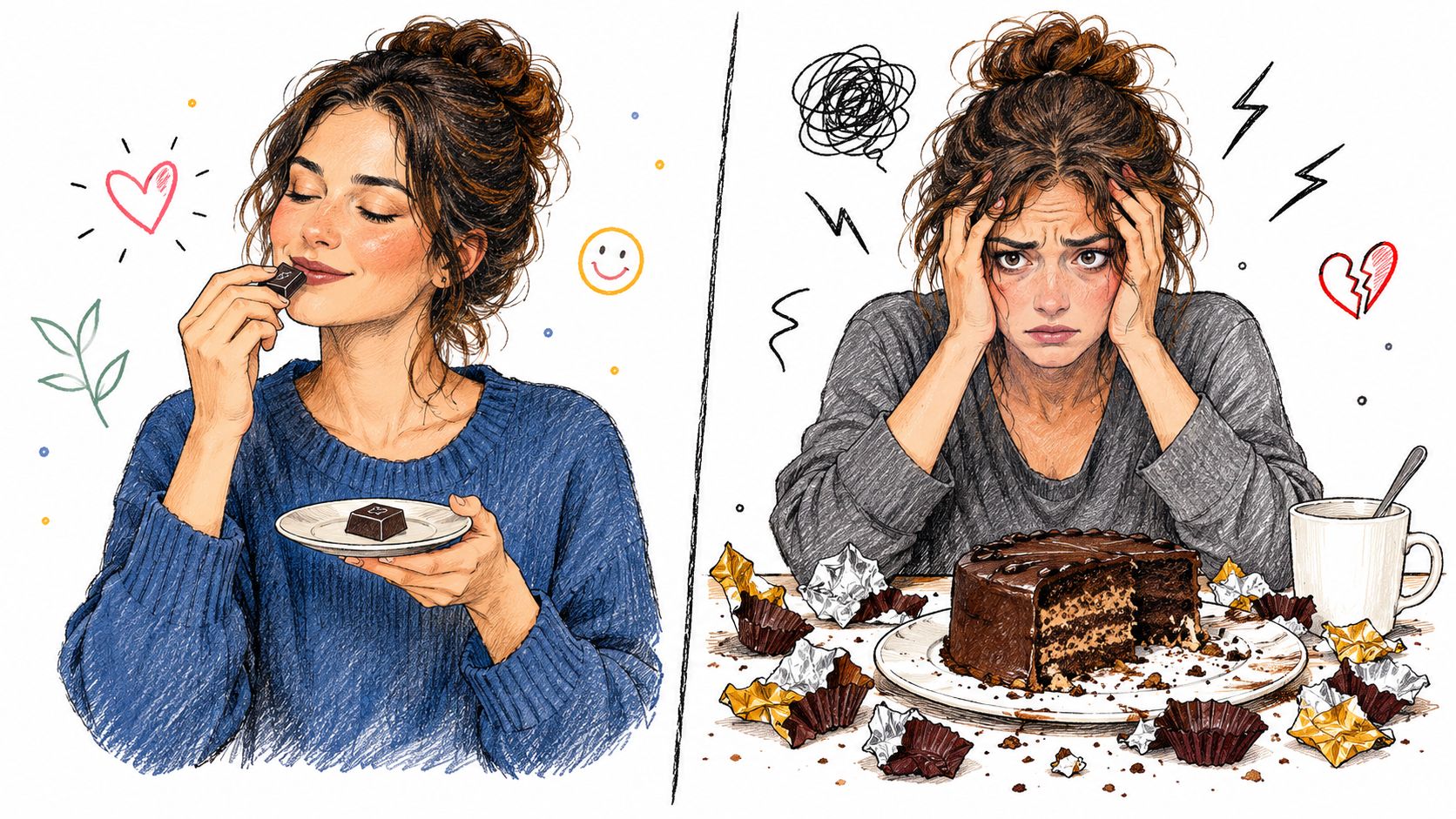 A split image showing a woman eating a single chocolate versus a woman binge eating a cake.