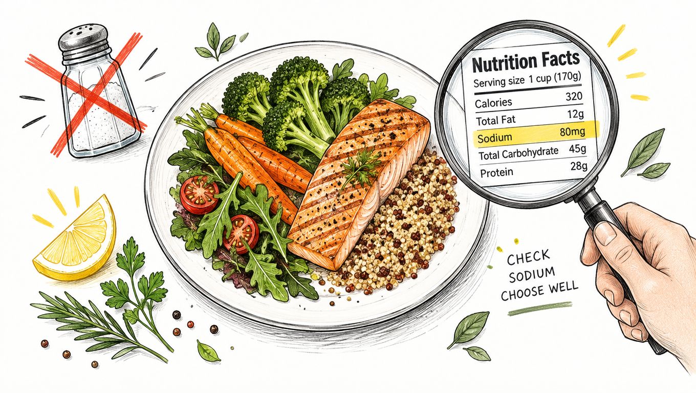 A healthy meal of salmon, vegetables, and quinoa shown with a nutrition label highlighting low sodium.
