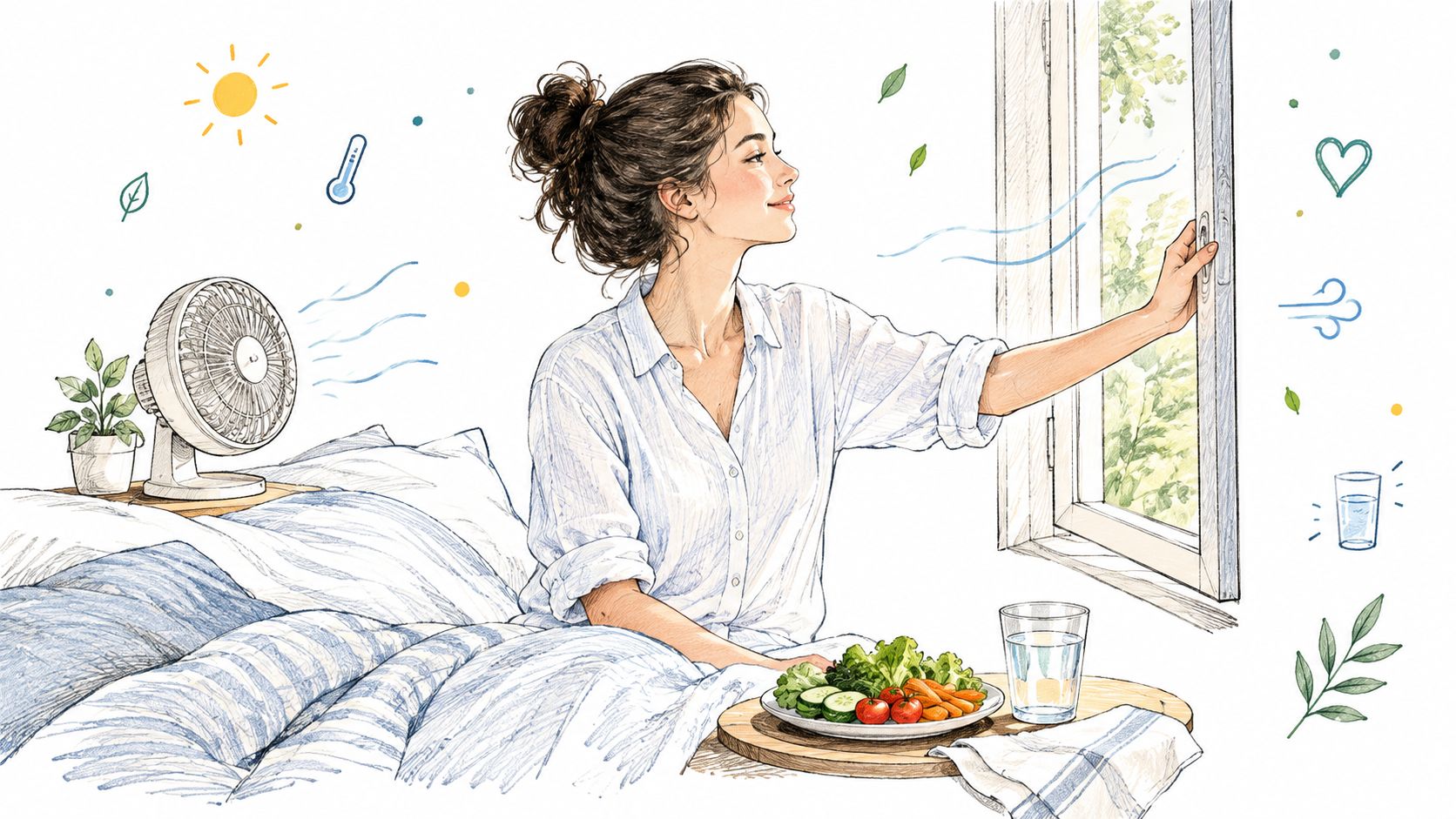 A serene illustration of a woman relaxing in bed, opening a window to let in fresh air.