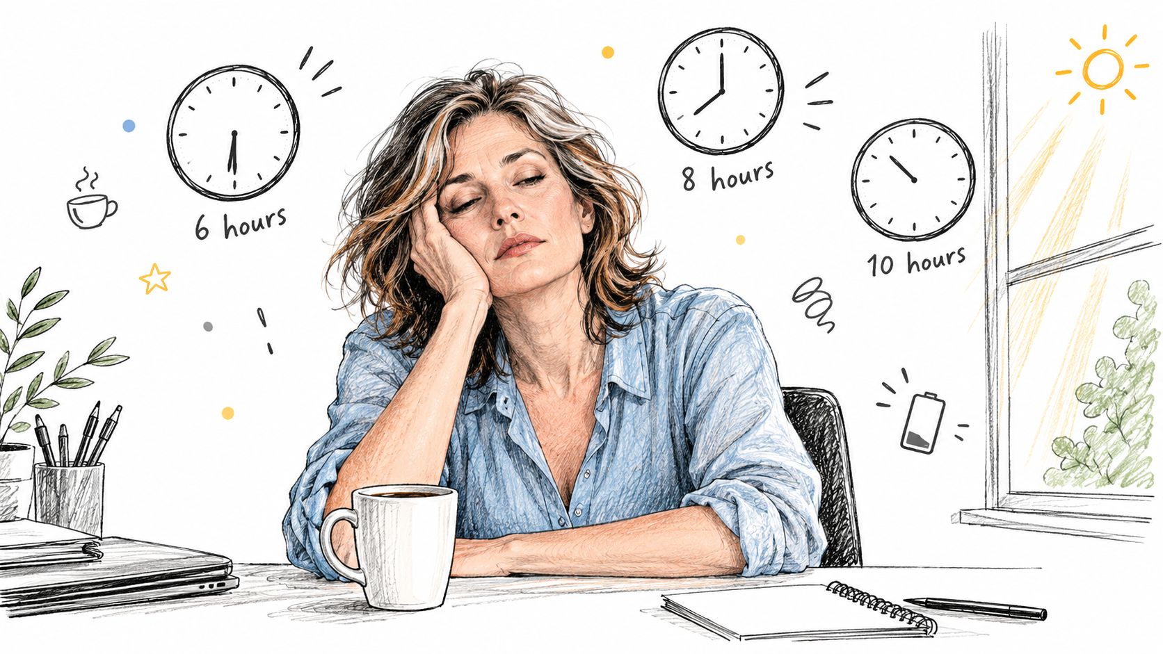 A tired woman resting at her desk with various sleep duration clocks and energy icons around her.