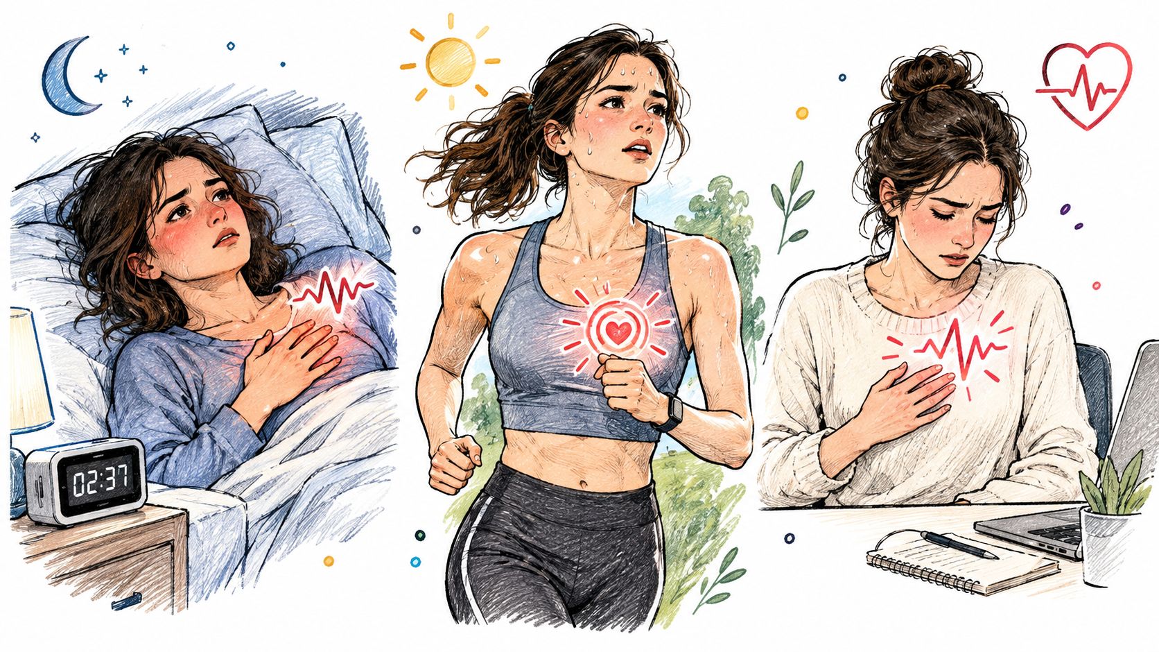 A triptych showing a woman experiencing heart palpitations while sleeping, exercising, and working at a desk.