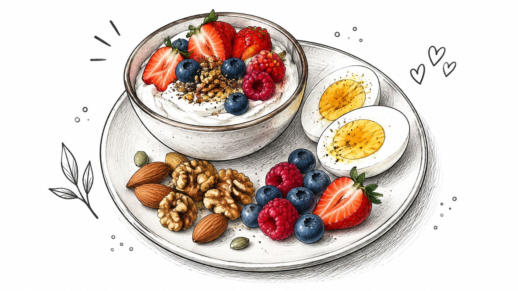 A healthy breakfast plate featuring a yogurt bowl with berries, walnuts, almonds, and halved hard-boiled eggs.