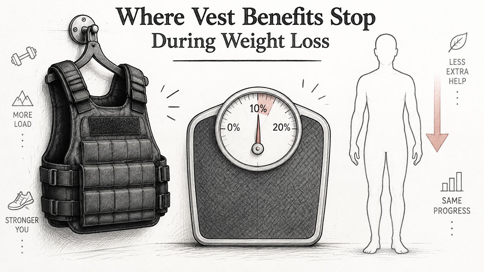 A conceptual illustration showing how weighted vest benefits decrease as body weight loss reaches ten percent.