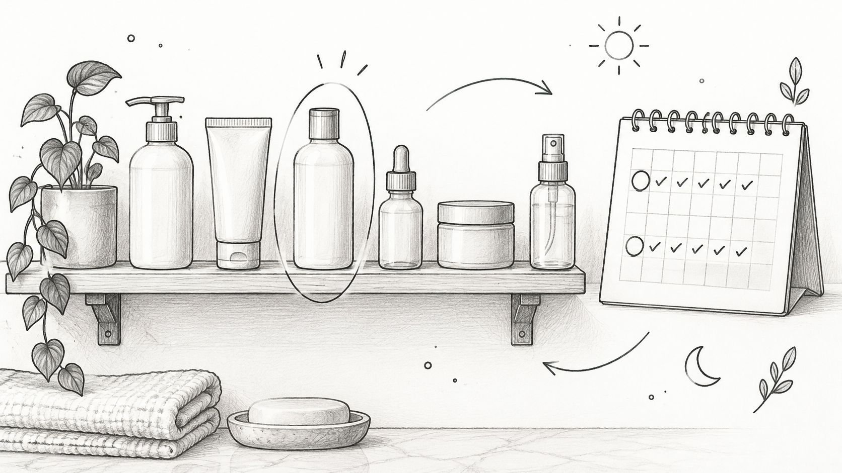 A pencil sketch of a shelf with various skincare products and a calendar tracking a beauty routine.
