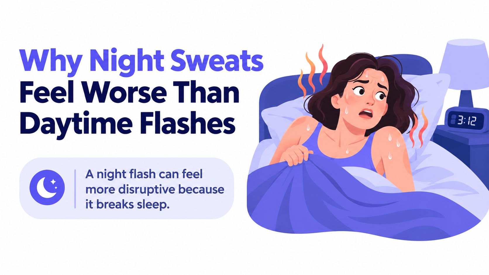 A woman wakes up in bed sweating in the middle of the night due to hot flashes.