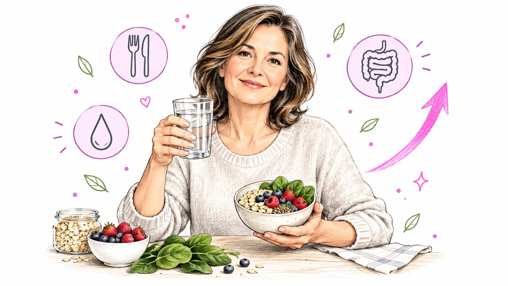 A middle-aged woman smiling while preparing a healthy meal to manage menopause bloating and constipation symptoms.