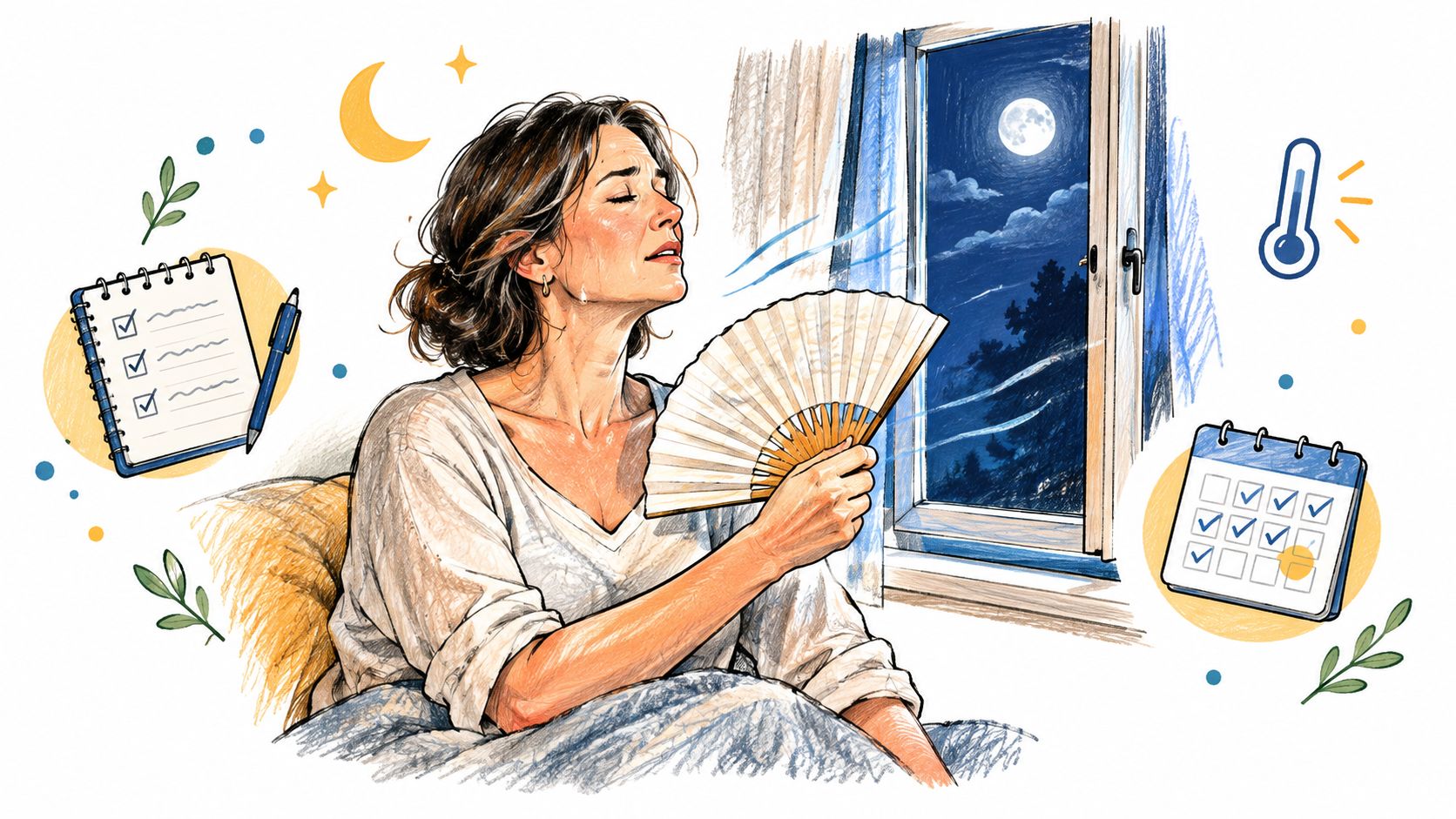 A woman feeling hot and sweating at night, using a handheld fan to cool down with icons.