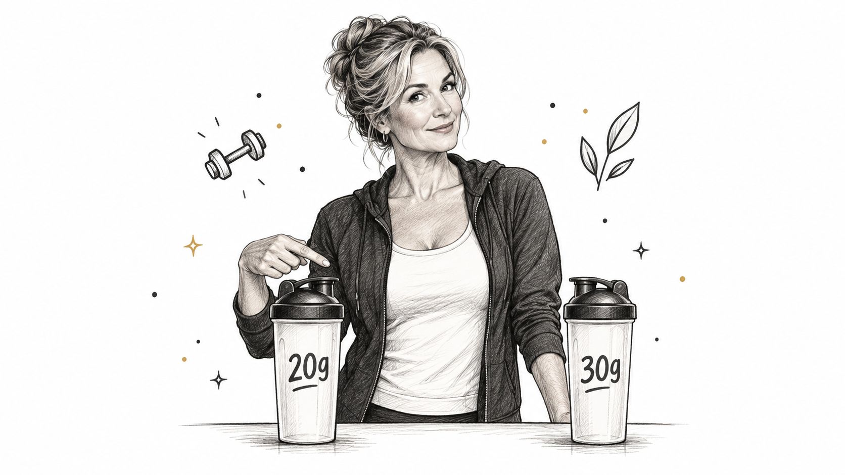 A woman in a gym hoodie pointing at a protein shaker cup labeled 20g next to another.