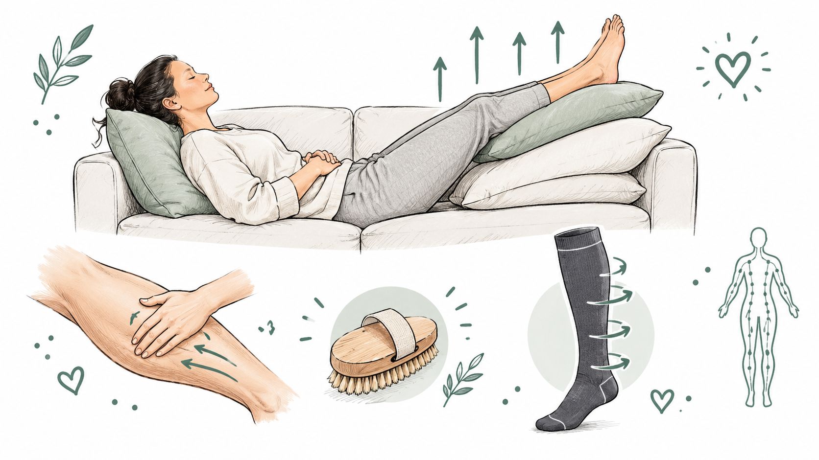 A woman lying on a sofa with legs elevated, alongside illustrations of massage, dry brushing, and compression socks.
