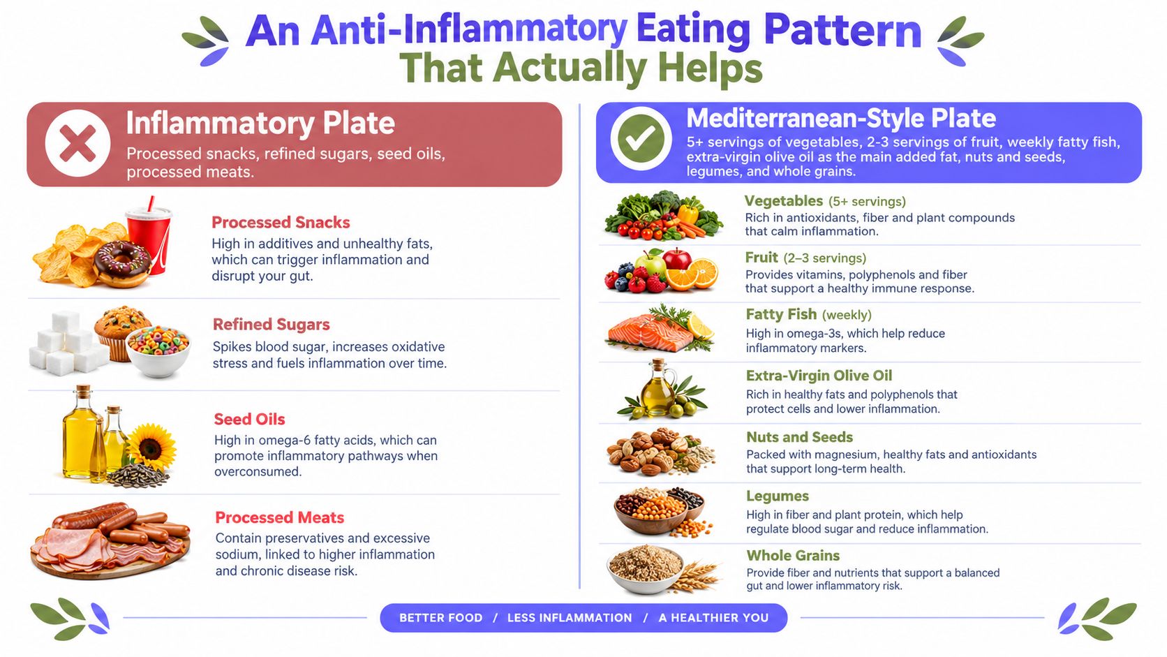 An infographic comparing an inflammatory diet of processed foods with an anti-inflammatory Mediterranean-style healthy eating pattern.
