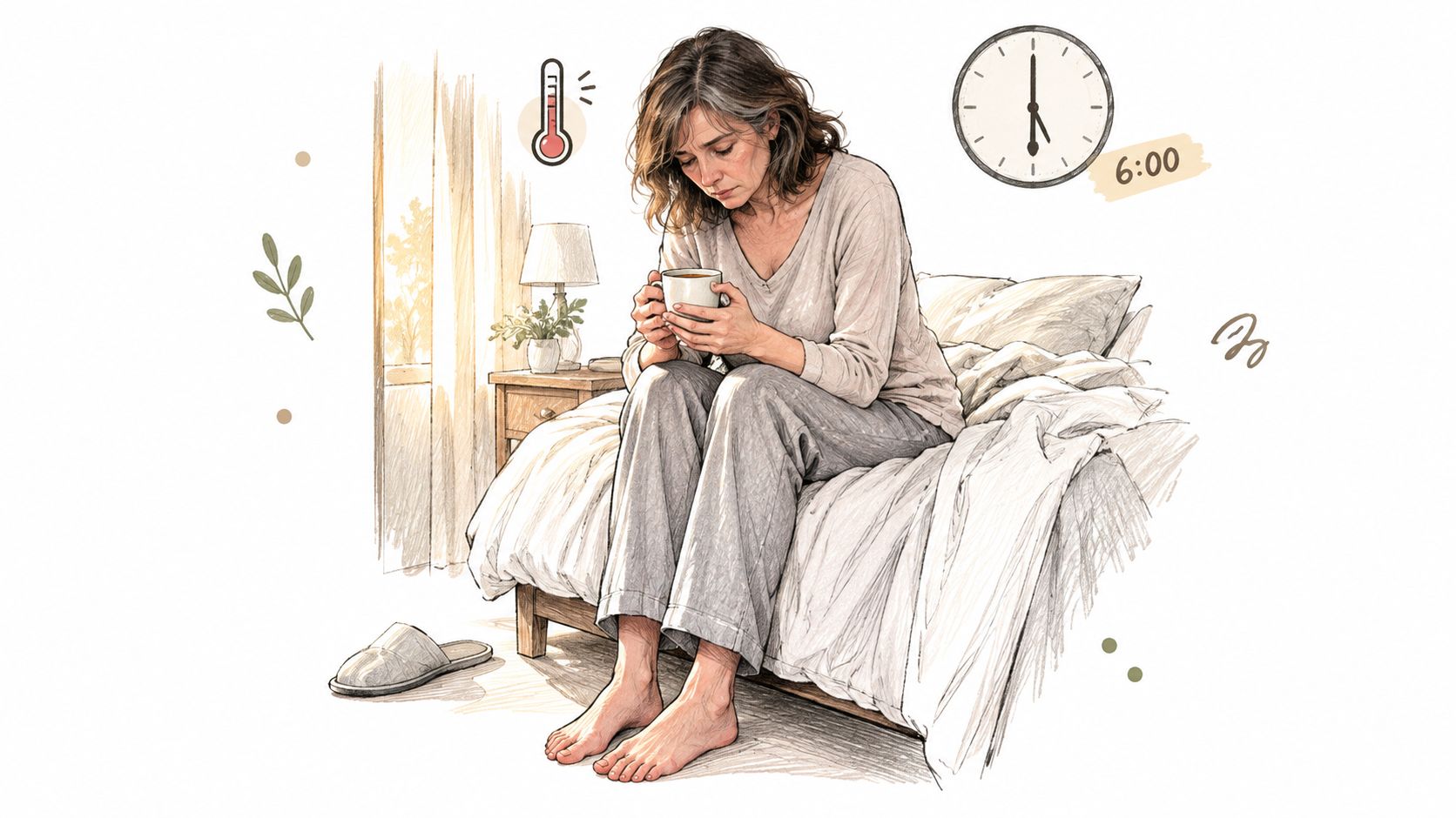 A tired woman sitting on the edge of her bed holding a warm mug early in the morning.