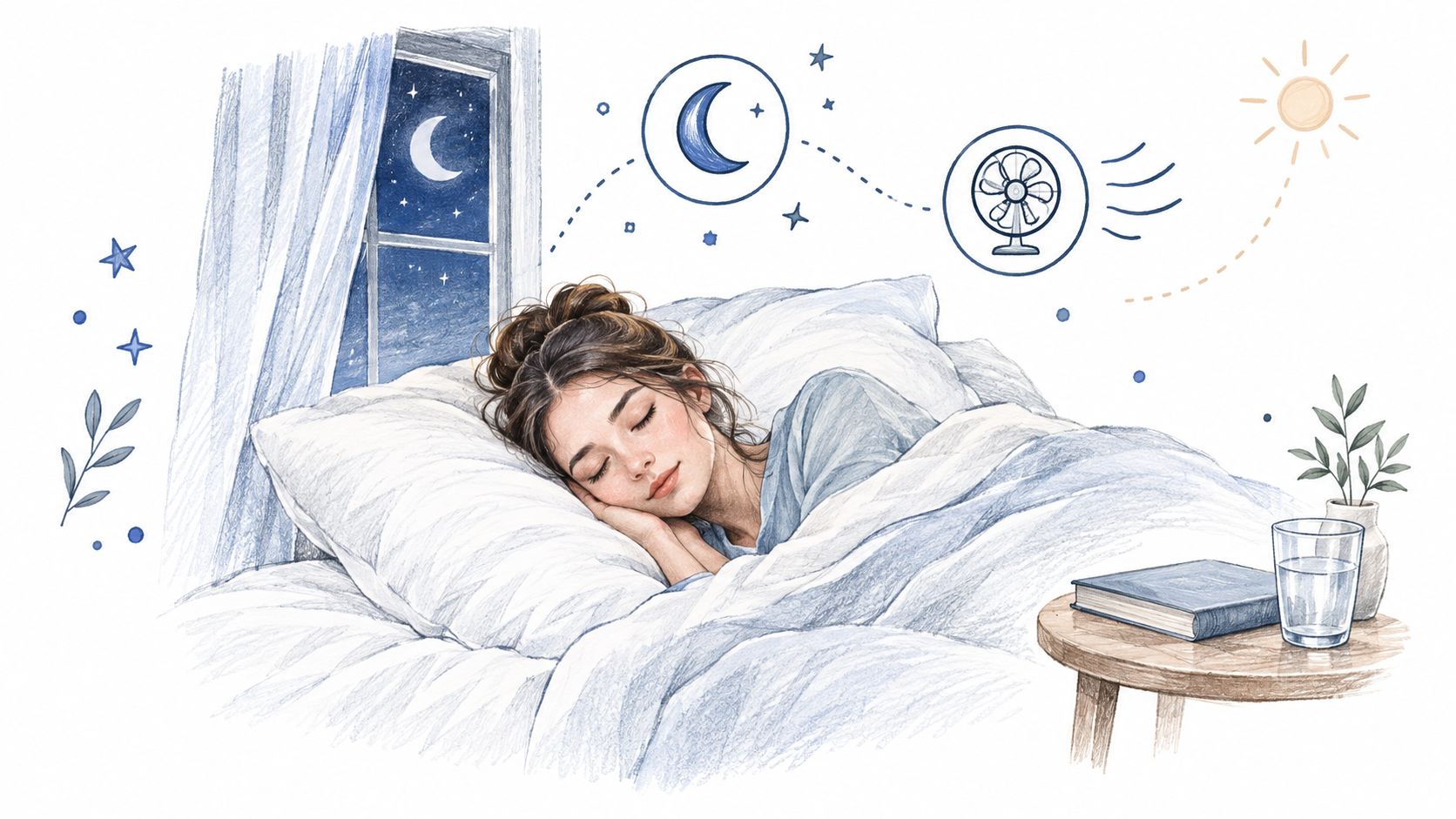 A peaceful illustration of a woman sleeping comfortably in bed with a moon and fan symbol overhead.