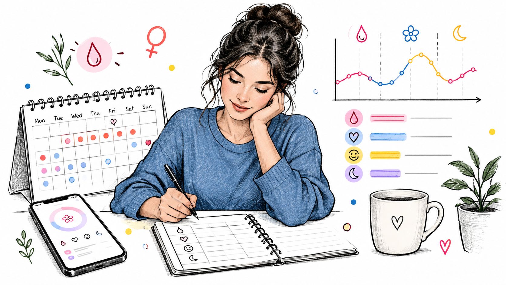 A woman sketching in her journal while tracking her menstrual cycle with a calendar and smartphone app.