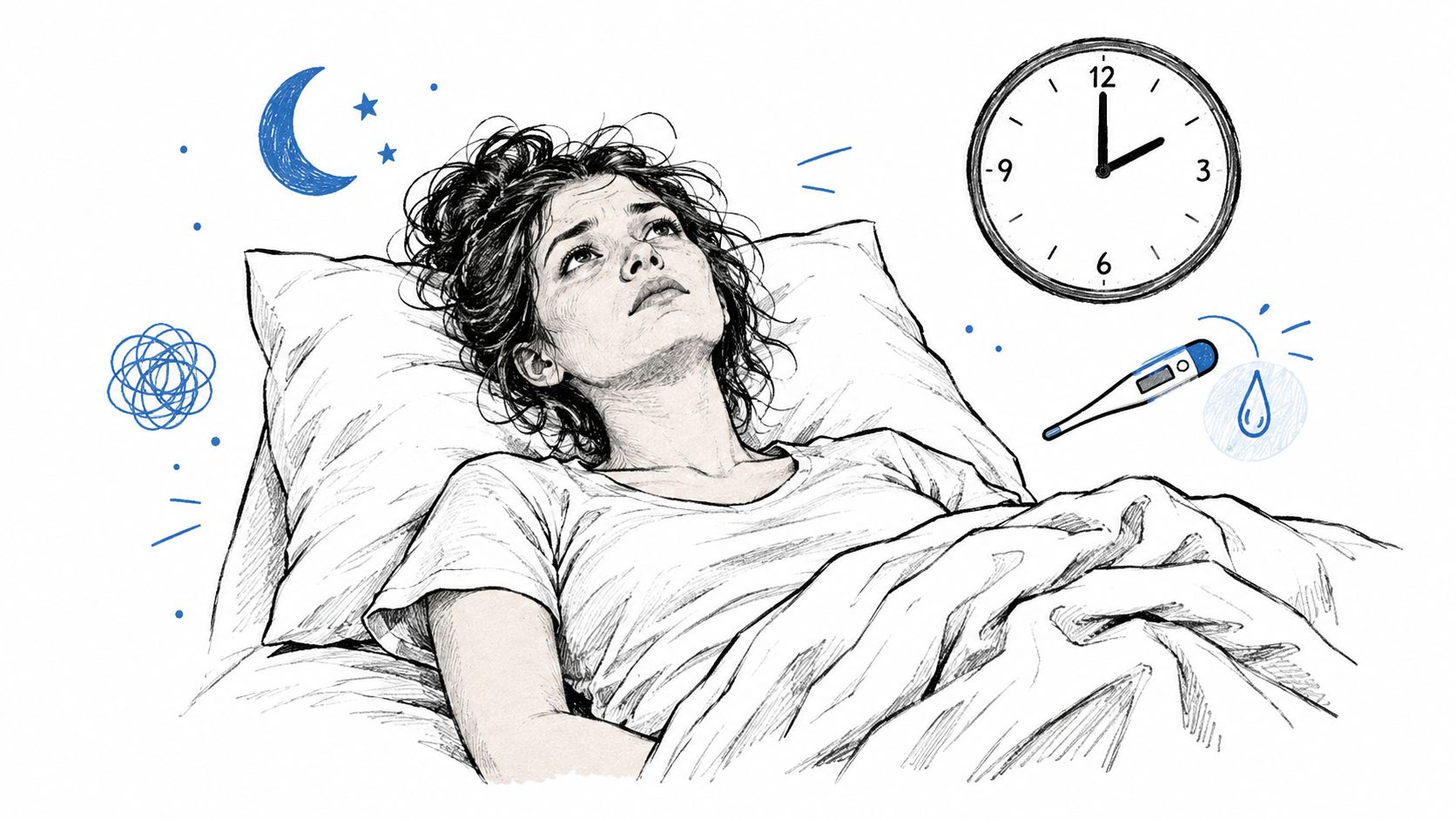 A woman lying awake in bed at night, feeling unwell, with a clock and thermometer nearby.